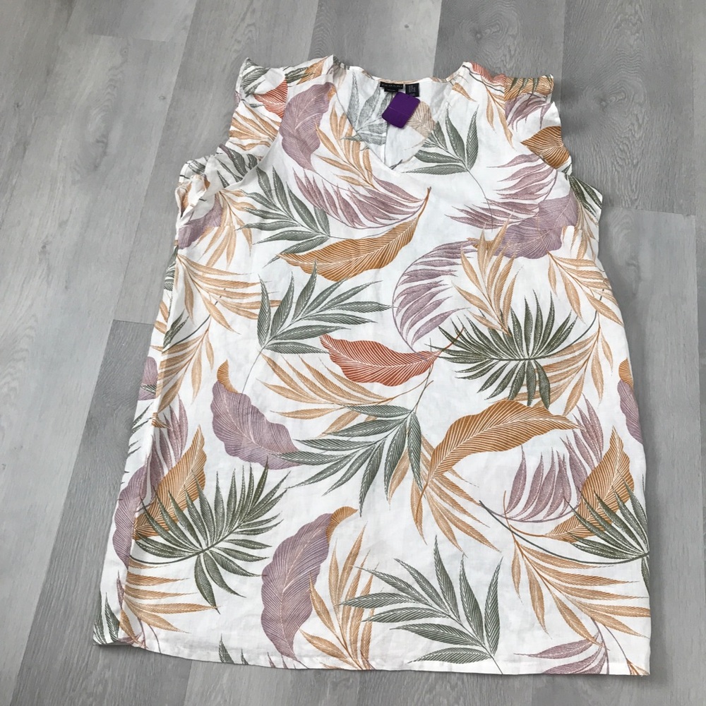 TAHARI 100% LINEN SLEEVELESS DRESS SHIFT PULLOVER TROPICAL PRINT WOMENS 3X